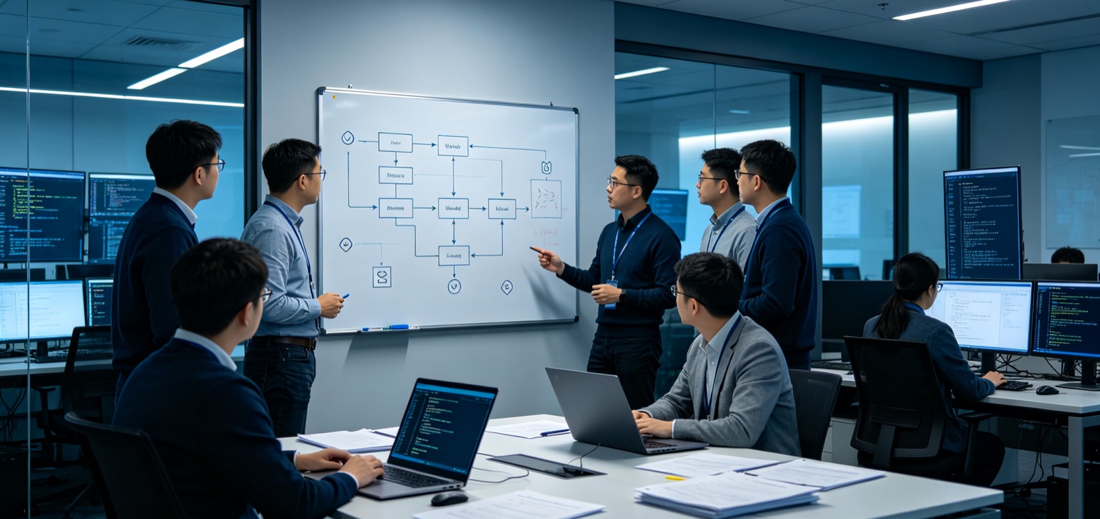Engineering team reviewing an architecture flowchart on a whiteboard