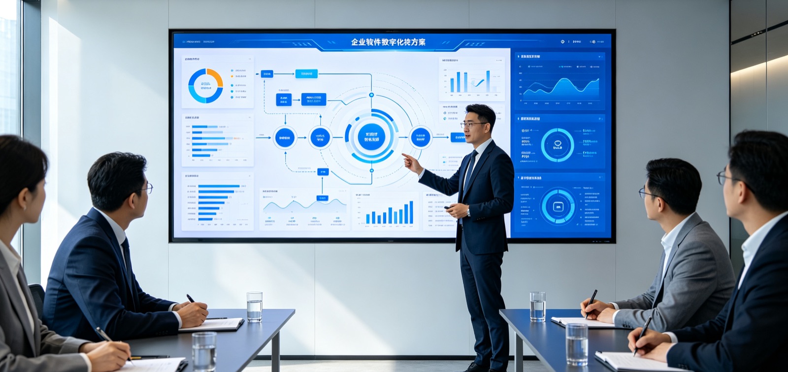Consultant presenting an AI analytics dashboard to executives