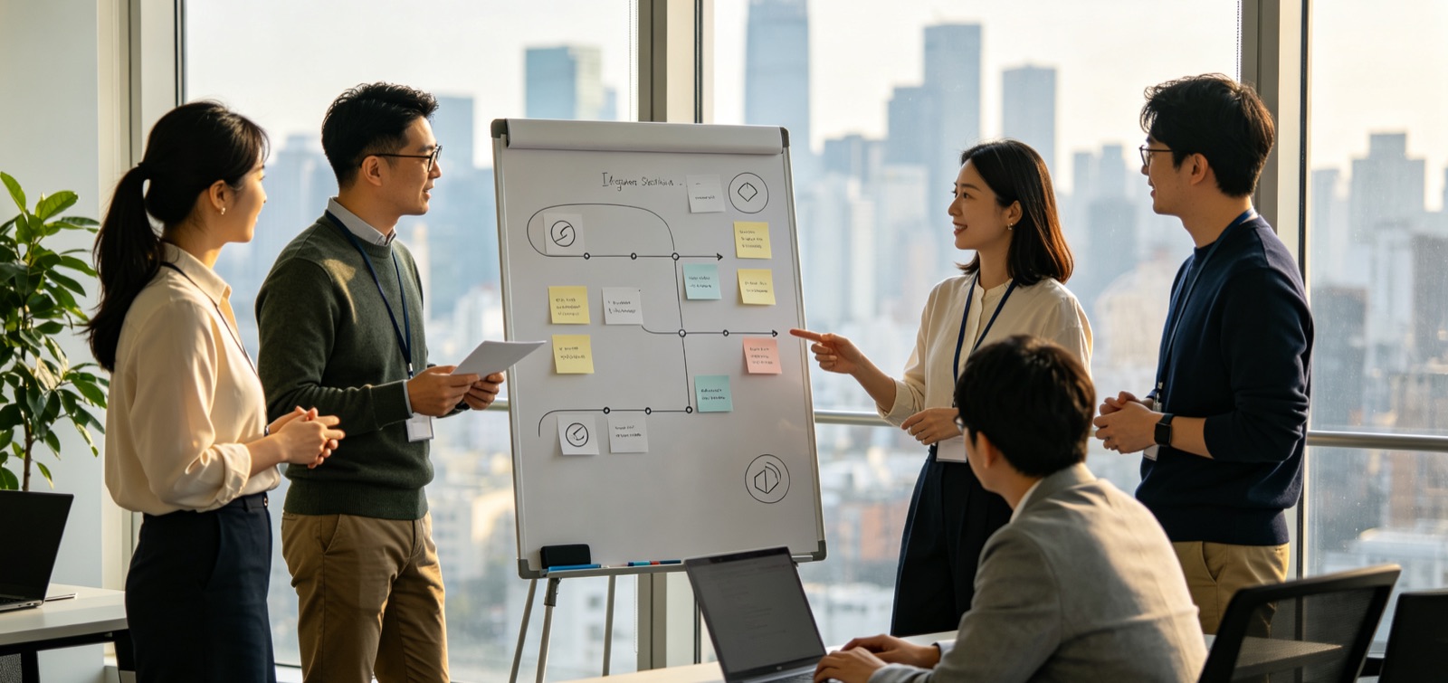 Product team mapping requirements on a whiteboard in a skyline office